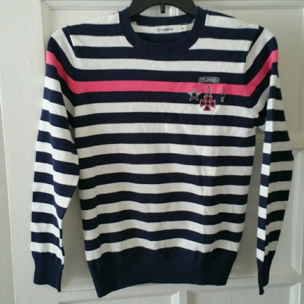 🔥Striped Crew Neck Sweater Embroidery Size M Nautical Look